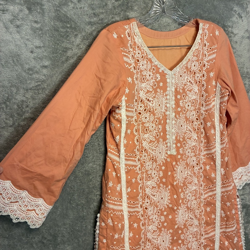 Women Embroidered Floral Kurta Tunic Top M/L Pakistani Traditional Ethnic Fringe